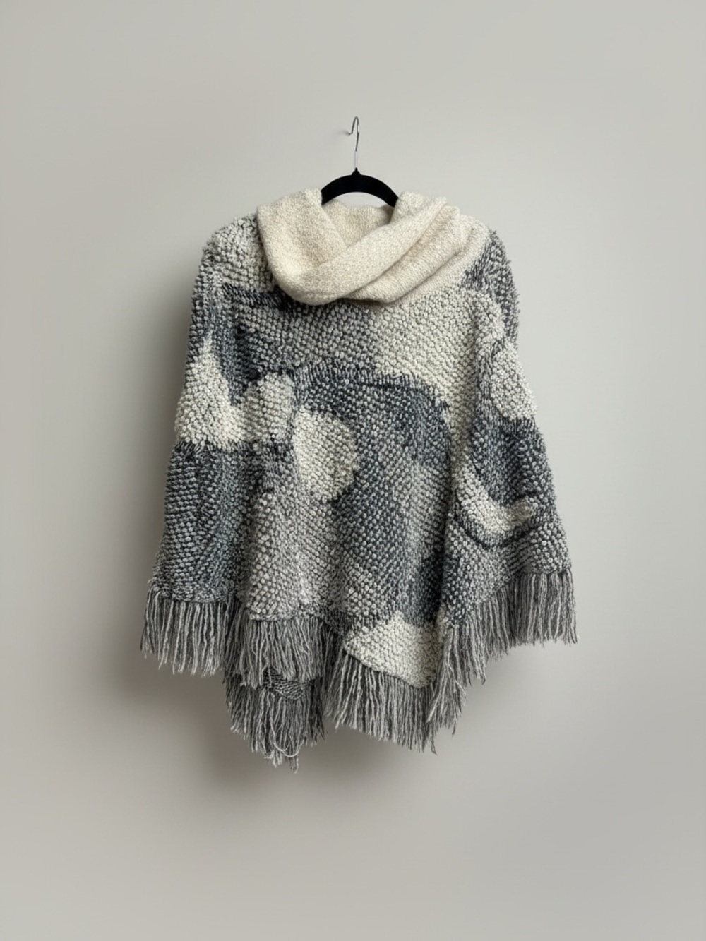 NWOT  INC Int’l Concepts Cowl Neck Fringe Boucle Poncho-Cream & Gray.